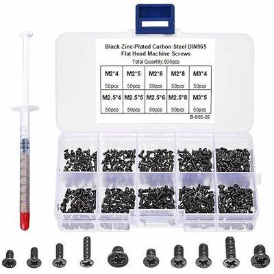 Laptop Repair Screw Kit 500PCS Black Zinc Plated M2 M2.5 M3 Flat Head Machine Screws for SSD, Motherboard & Electronics Repair with 1g Gold Thermal Grease