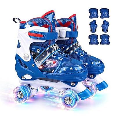 Roller Skates for Kids Ages 4-12 | 4 Sizes Adjustable Quad Skates | with Light Up LED Wheels, Protective Gear Set for Beginners Children Boys Girls Indoor Outdoor Skating, Birthday Gift