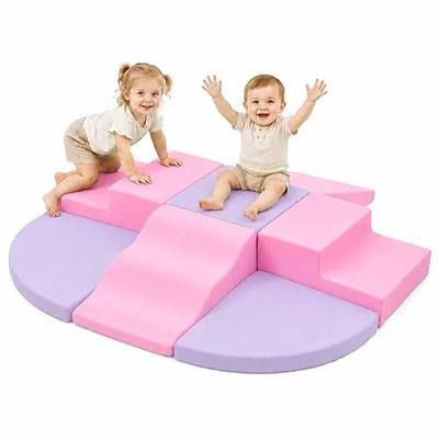 Soft Foam Climbing Blocks for Toddlers, 7-Piece Baby Foam Climbing Blocks, Indoor Climbing Toys, Ideal Gift for Kids Crawling and Sliding, Foam Activity Play Set - Pink & Purple