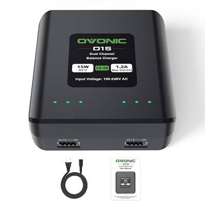 OVONIC D15 Dual LiPo Battery Charger AC 15W 1.2A for 1S-3S LiPo Batteries, RC Battery Balance Charger for RC Cars, Boats, Drones