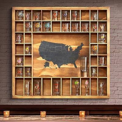 Large Shot Glass Display Case with US Map,46 Slots, 29 X 26 Inch Rustic Wood Shot Glass Display Cabinet for 2 Size -in Rooms Bars Wine Cellars with Shot Glasses Jewelry Shell & Keepsakes