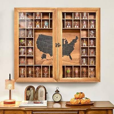 Large US Map Shot Glass Display Case 46 Slots with Acrylic Glass Door, 29 x 26''Rustic Brown Wood Holder for 2 Different Size Shot Glasses, Bars Wine Cellars Used for Jewelry Stones Shell