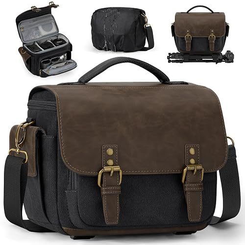 RAINSMORE Camera Bag, Vintage Canvas Camera Sling Bag Small Waterproof DSLR SLR Mirrorless Crossbody Camera Case for Photographers with Rain Cover & Tripod Holder for Sony Canon Nikon Fujifilm, Black
