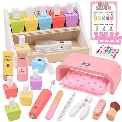 Wooden Pretend Nail Salon Play Set with Nail Polishes, File, Kids Indoor Activity Toy