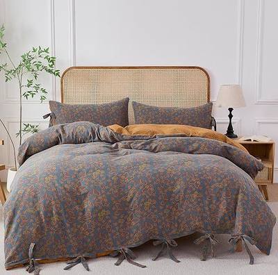 Helthep Vintage 3Pcs Queen Size Duvet Cover Set 100% Washed Cotton Double Layer Gauze Ultra Soft Breathable Vintage Butterfly Floral Bedding Retro Boho Muslin Comforter Cover with Bow-Knot Ties