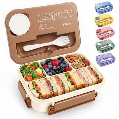 Bento Box Adult Lunch Box, Lunch Containers for Adults 44.5 Oz/5 Cup, Khaki | BPA-Free, Lid-Top Sauce Tray, Leak-Proof, 1300mL, Removable Silicone Sealing Ring, Lid-Top Utensil Slot with Included Cutlery
