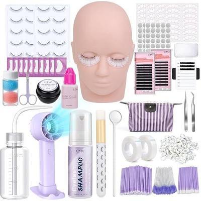 LZM Eyelash Extension Kit for Beginners, Professional Lash Extension Kit with Mannequin Head, Lash Tech Starter Kit with Rechargeable Fan, Shampoo, Glue, Tweezers Supplies for Practice Training