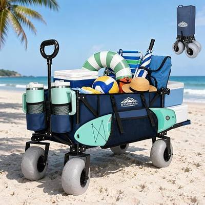 X800 300L Foldable Beach Wagon with Tailgate, 9" Balloon Sand Wheels, Heavy Duty Utility Wagon Cart for Beach, Camping, Sports, Outdoor, Navy Blue