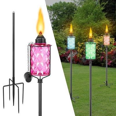 Glass Garden Torch for Outside 4 Pack, Citronella Torches with 5-Prong Grounded Stake,Colorful Outdoor Torch Garden Decor Canisters 12 oz,Metal Light Torches for Party Patio Pathway
