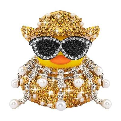 wonuu Bling Rubber Duck Car Dashboard Decor, Rhinestone Ducks Car Interior Accessories with Sunglasses, Cowboy Hat, Tiered Pearl Fringe Choker (Gold)