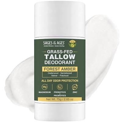 Beef Tallow Deodorant for Men & Women, Aluminum Free & Baking Soda Free Natural Deodorant with Magnesium, Prebiotic & Probiotic, 24 Hour Odor Protection, Forest Amber, 2.65 oz