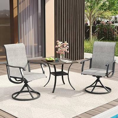 VICLLAX 3 Pieces Patio Dining Set for 2-28" Square Small Outdoor Table and 2 Patio Swivel Chairs for Lawn Garden, Grey Wood Grain Tabletop and Grey Fabric