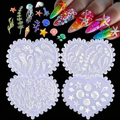 4pcs 3D Ocean Silicone Nail Molds, Spring Summer Beach Nail Charms Resin Nail Art Molds Starfish Seashells Jellyfish Carving Template for Women Acrylic DIY Nail Supplies