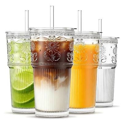 INSETLAN 20 oz Sunflower Glass Cups with Lids and Straws, Set of 4, Elegant Iced Coffee Cups for Coffee, Matcha, Smoothies, Juice, Cocktail and More, Leak-Proof Glass Tumbler for Daily Use and Travel