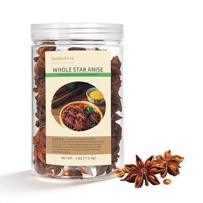 GoldenAnise Whole Star Anise Pods, Available in 4 oz, 6 oz (Reusable Airtight Canister), Premium Hand-Picked Culinary Spice for Cooking, Baking, Tea and Mulling Spices, All-Natural, Non-GMO & Pure (Jar, Ounce, 4)