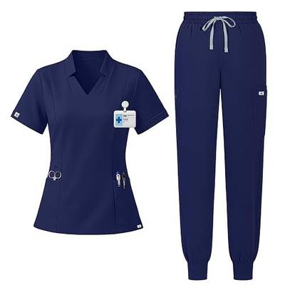 Scrubs for Women Set with 11Pockets - V-Neck Scrub Top & Jogger Scrub Pant | Soft 4-Way Stretch Fabric, Drawstring Yoga Waistband, Multi Secure Zip Pockets, Easy Care, Breathable, Anti-Wrinkle