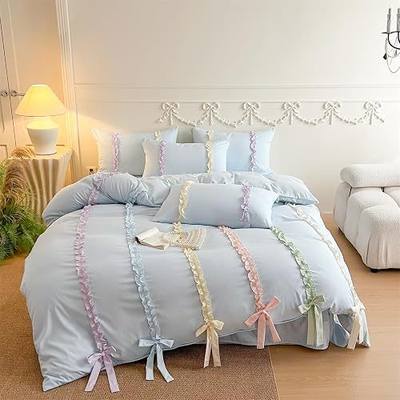 Colorful Striped Ruffled Bedding with Cute Bow,Chic Ruffle Romantic Full Duvet, Coquette Aesthetic Style 3 piece Duvet Cover Set-1 Full Duvet Cover with 2 Pillowcases, No Comforter