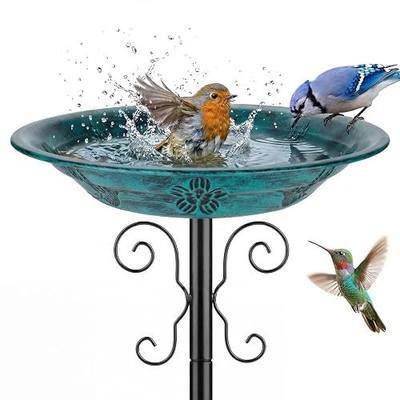 BOLITE Metal Bird Bath for Outdoors, 4-Prong Ground Stake, Antique Green | Detachable Bowl, Weather-Resistant, Vintage, Rust-Proof, Garden Patio Yard Lawn Decor, Gift for Men Women Dad Mom Bird Lovers