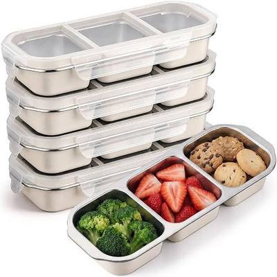 FoldTier 4 Pack Stainless Steel Snack Container for Adults 3-compartment Leak-proof Lunch Box for Work, Travel 10.6 x 4.1 x 2 Inch Stackable Reusable Metal Bento Box (Beige)