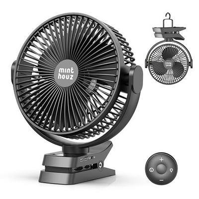 Minthouz 8'' portable Clip on Fan Rechargeable, 12000mAh USB Desk Fan,Black | Oscillating fan with Light&Hook,5 Speeds, Battery Display & Remote Control, for Golf Car Office Stroller treadmill Campers