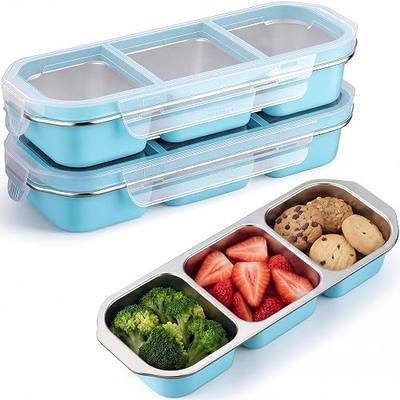 FoldTier 2 Pack Stainless Steel Snack Container for Adults 3-compartment Leak-proof Lunch Box for Work, Travel 10.6 x 4.1 x 2 Inch Stackable Reusable Metal Bento Box (Blue)