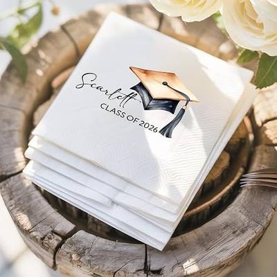 GiveSmiles Personalized Graduation Napkins: Class of 2026 Grad Cap Party Guest Towels, Custom Graduation Napkins, College Name Graduation Napkin A2