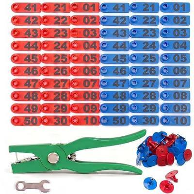 TPU Livestock Ear Tags100pcs 01-50 Number with Ear Tagger Pliers Tool, Green & Red Numbered Animal ID Tags for Sheep Goat Cattle Pig, Durable Farm Identification Tools (50 Pcs Each Color)