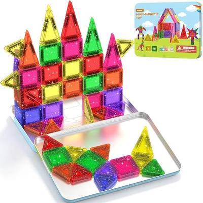 46PCS Glitter Mini Magnetic Tiles Travel Set with Storage Case | Portable Magnetic Blocks Building Toys for Toddlers Kids Ages 4-8, Classroom STEM Learning Toys for Boys Girls Birthday Gift