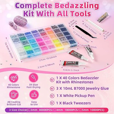 40000Pcs 40 Colors Resin Jelly Rhinestones Kit, 3mm Flatback Rhinestones with 3Pcs B7000 Jewelry Glue & Tools, Bedazzler Kit with Rhinestones, All-in-One Bedazzling Kit for DIY Arts & Crafts Gifts