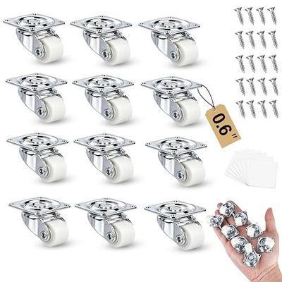 0.6 Inch White Small Caster Wheels, 360 Swivel Low Profile Casters Set 12 | Non-Marks Nylon, Smooth Rolling, For Little Furniture Storage Bins Light Mini Items, 70 lb Capacity, with Adhesive & Screws