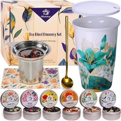 Harmoleaf Tea Gift Set for Women, 6 Loose Leaf Tea Blends with Blue Lily Insulated Ceramic Cup, Stainless Steel Infuser, Lid and Gold Spoon, Birthday, Mother's Day, Anniversary, Retirement Gift for Her