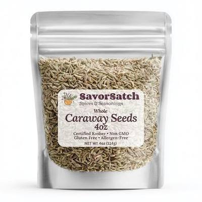 SavorSatch Whole Caraway Seeds – 4 oz Stand-Up Resealable Pouch | Aromatic Whole Caraway Seed Spice | Certified Kosher, Non-GMO | Fresh Flavor for Bread, Sauerkraut, Pickling, and Cooking | Bulk Spice Seasoning