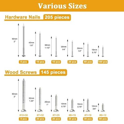 350Pcs Picture Hanging Nails and Wood Screws Assortment Kit-145 Flat Head Screws, 205 Finishing Nails for Hanging Wall Decor,Clocks,Mirrors, 6 Sizes Small Nails and 6 Sizes Philips Screw
