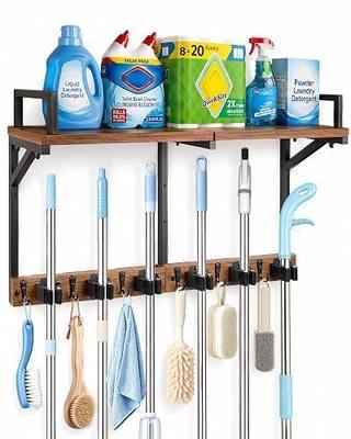 Lorbro Broom Holder Wall Mount with Cleaning Supplies Storage, Heavy Duty Broom and Mop Organizer Wall Hanging, Wooden Mop Organizer Hanger, 3 in 1 Storage Shelves for Laundry Room, Garage, Closet