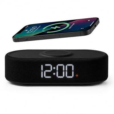 Fabric Digital Alarm Clock for Bedroom, Wireless Charging, Black | Wireless charging, USB-C port, dual alarm, 30-min snooze, dimmable display, ambient light, battery backup, bedside use