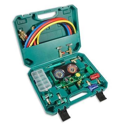PB Motor Tech 4 Way AC Manifold Gauge Set for R1234yf R134a R404a Refrigerants, HVAC Manifold Gauge Set with Quick Couplers, Three Can Taps, Hoses, for Automotive & Household AC Maintenance (Green)