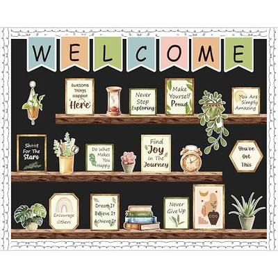 59Pcs Welcome Back to School Bulletin Board Decorations, Boho Classroom Decor, Greenery Plant Bookshelf Inspirational Affirmation Cutouts for Teacher Supplies Office Classroom Door Wall Decor