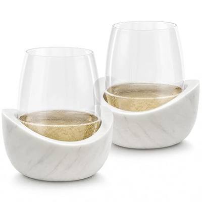 White Marble Wine Chiller Set of 2 Stemless Glasses | Premium Natural Stone Marble – Ideal Serving Temp from First Sip to Last, Perfect Home Bar Decor & Wine Accessory