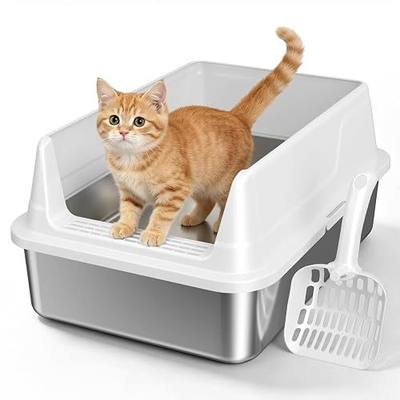 Stainless Steel Cat Litter Box with Scoop,M Metal Pan for Kittens | Metal Litter Box with High Sides & Lid, Open Top Low Entry , Non-Stick Easy Clean , Kitty Cat Box for Indoor Cats, High Wall