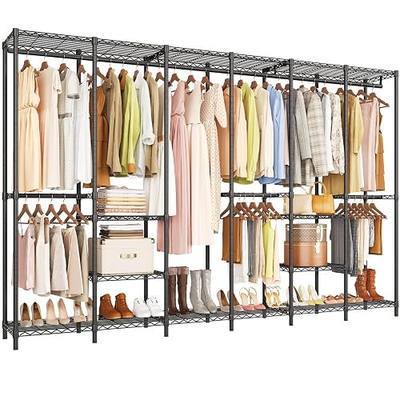 ONBRILL F6 Free Standing Industrial Pipe Clothes Rack, Large Heavy Duty Metal Garment Rack, Closet Organizer Storage System with Adjustable Shelves & Hanging Rods, Portable Wardrobe - Black