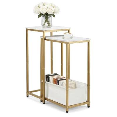 Nesting End Tables Set of 2, Stacking Side Table with Fabric Storage Basket, Small Nightstand for Small Space, Living Room, Bedroom, White Marble & Gold