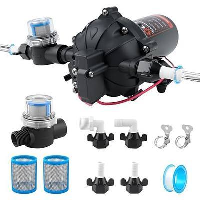 12V RV Fresh Water Pump Five Chamber Diaphragm Pump, 7.5 GPM 80PSI Self-Priming with Heavy Duty Pressure Switch & Strainer for RV, Marine, Yacht, Caravan