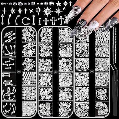 3 Boxes Goth Nail Charms Punk Metal Nails Studs Silver Square Cone Spike Star Cross Flatback Pearls Caviar Beads Nail Chain Nail Gems for Nail Art Decoration (Silver)