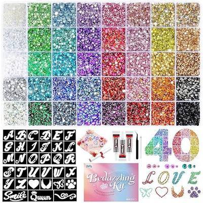 Zefy 43000 Pcs Resin Rhinestones for Bedazzling, 40 Colors 2/3/4 mm Bedazzling Kit with 2 Pcs Stencils for Crafting, Flatback Gems with 3Pcs B7000 Glue for Clothing Shoes Nail Book Diamond Art