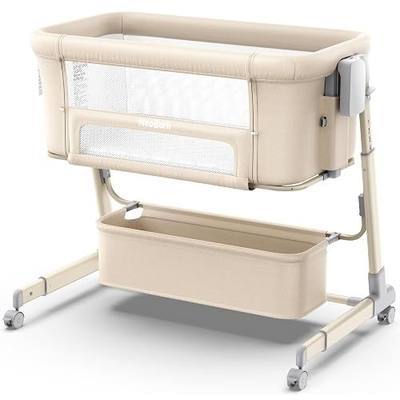 NeoBorn 4 in 1 Baby Bassinet, Bedside Bassinet with Breathable Mesh Design, 7 Height Adjustable Rocking Bassinet, Crib with Comfy Mattress and Wheels for Newborns, Khaki