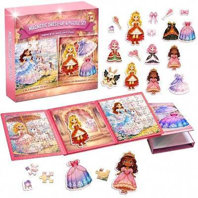 2-in-1 Magnetic Puzzle Book & Dress up Dolls for Girls 3-9, 124PCS Princess Magnetic Puzzle Travel Toy (75 PCS Puzzle + 49 PCS Dress up) Activities for Birthday Party Favor Airplane Car Road Trips