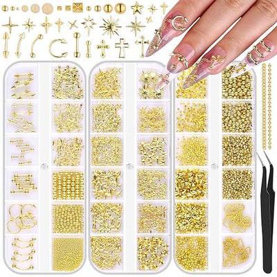 3 Boxes Gold Nail Charms Goth Nail Charms Punk Metal Nails Studs Gold Square Cone Spike Star Cross Flatback Pearls Caviar Beads Nail Chain Gold Charms for Nails Nail Gems Charms for Nails Design(Gold)