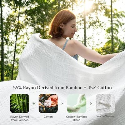 BEDELITE White Cooling Waffle Summer Blanket Queen Size for Bed, 90x90 Inch | Lightweight Breathable Soft Blankets for Couch Sofa, Cotton Bamboo Blend Blanket for Hot Sleepers, Gift for Women Home Decor