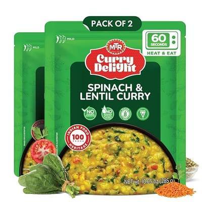 MTR Curry Delight Spinach & Lentil - Ready to Eat Indian Curry 285g, 2 Pack | Traditional Indian Meals, Instant Curry, Quick Meals, Vegetarian, Heat & Eat