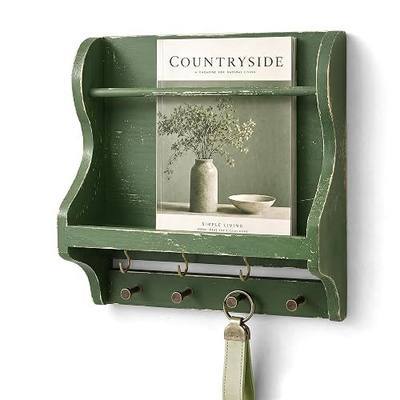 Pine Wood Mail Organizer Wall Mount for Room Decor - Mail Holder for Wall with 7 Key Hooks for Keys, Sunglasses & Wallets - Magazine Holder for Home Organization (Green)
